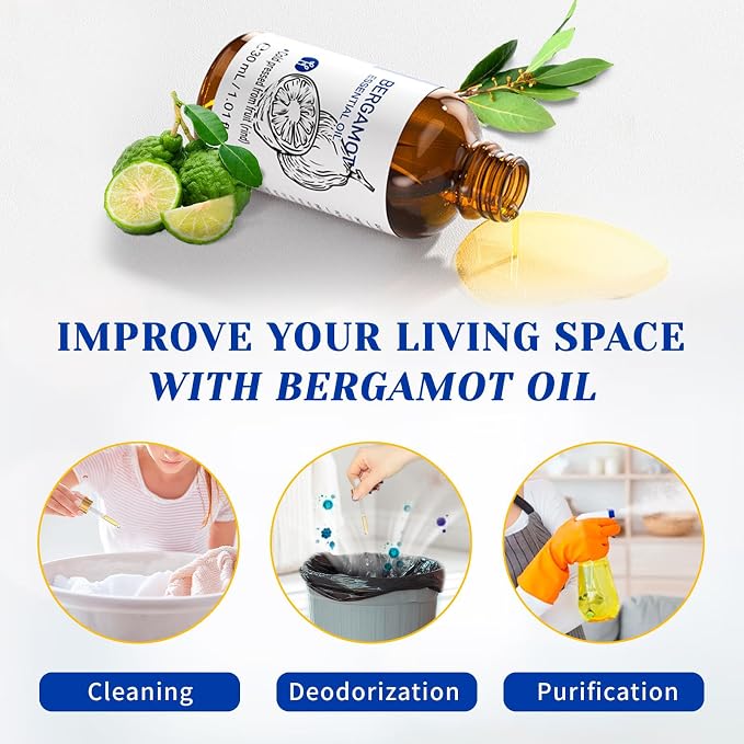 HIQILI Bergamot Essential Oil for Diffuser, Skin, Hair, DIY, 1.01 Fl Oz (30 mL)