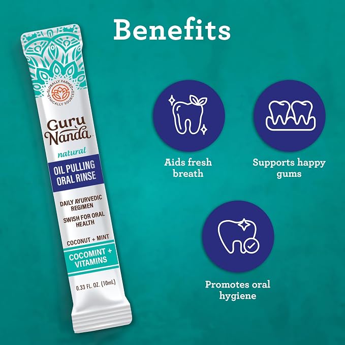 GuruNanda Travel Sachets Coconut Oil Pulling, Fresh Breath Mouthwash, 7 Essential Oils & Vitamins for Happy Teeth & Gums, with Tongue Scraper, 28 Sachets