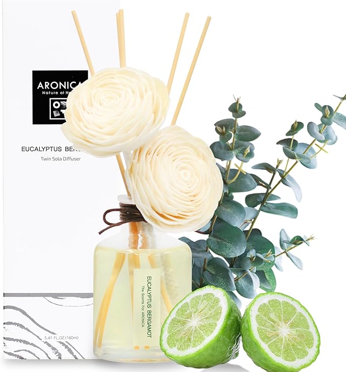 Aronica Twin Sola Diffuser 160ml_Eucalyptus and Bergamot Essential Oil Flower Diffuser, Non Toxic Reed Diffusers, Beach Themed Home Room Decor, Natural Gift for Men, Beach Scent