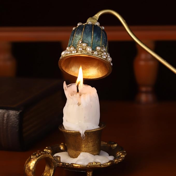 Elegant Royal-Style Candle Snuffer with Pearl Inlay, Metal Handle for Safe and Stylish Candle Extinguishing (Royal Turquoise)