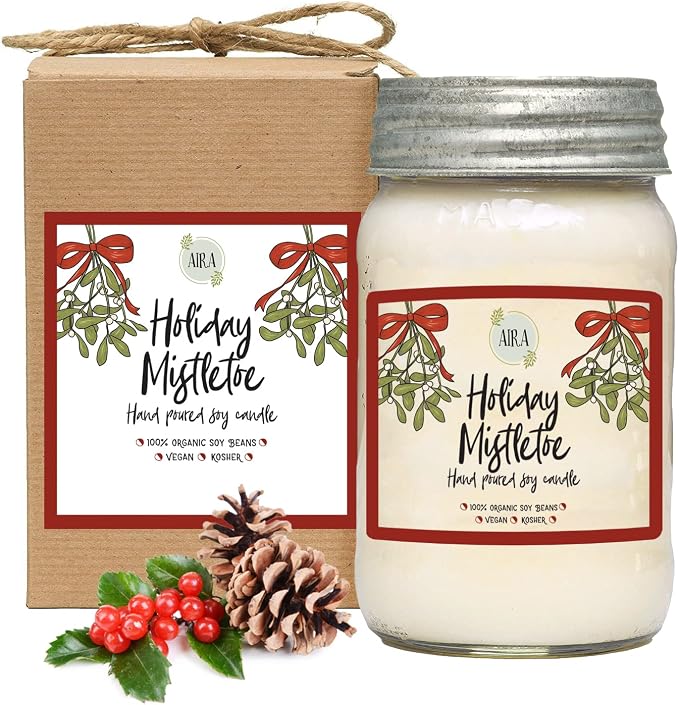 Aira Soy Candles - Organic, Kosher, Vegan, in Mason Jar w/Therapeutic Essential Oils - Hand-Poured 100% Soy Candle Wax - Paraffin Free, Burns 110+ Hours - Holiday Mistletoe Christmas Candle - 16 Oz