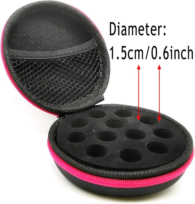 Glass Bottle Bundle Essential Oils Case Hard Round Carrying Case Bag for 1ML 2ML Roller Bottles Oil Vial Bottles (12 Holes Rose Red)