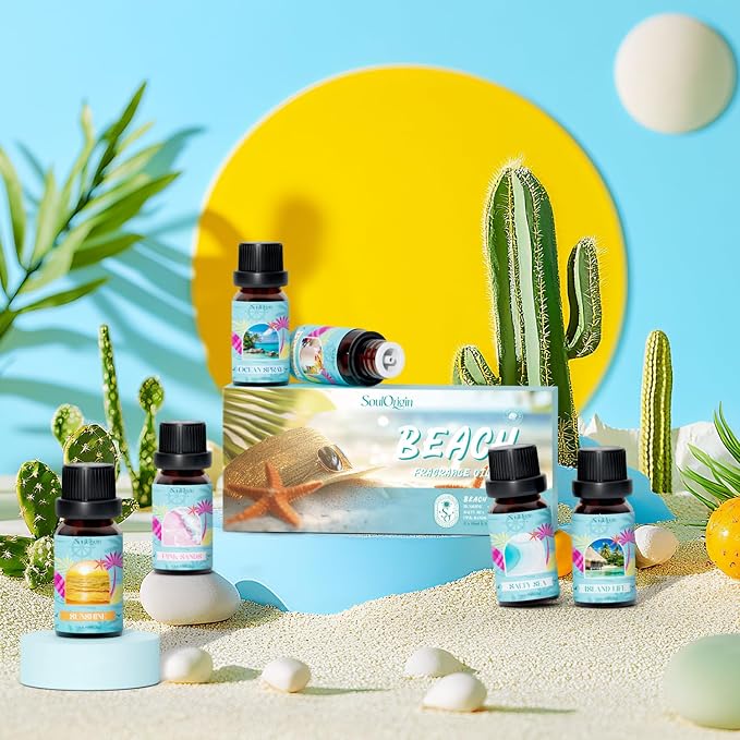 Soulorigin Beach Fragrance Oils Set, Essential Oil Gift Set for Diffuser, Summer Scent Diffuser Oil, Diffuser Scents Oil for Home-Ocean Spray, Pink Sands, Salty Sea, Pina Colada, Island Life, Sunshine