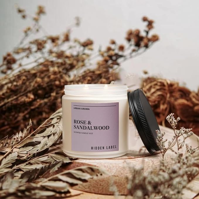 Hidden Label Rose Sandalwood Soy Candle, 12oz 2-Wick, 70H Floral Warmth | Non-Toxic Natural Wax, Paraben & Phthalate-Free, Clean Burn | Elegant Decor & Gift-Ready | Stress Relief & Grounding Calm