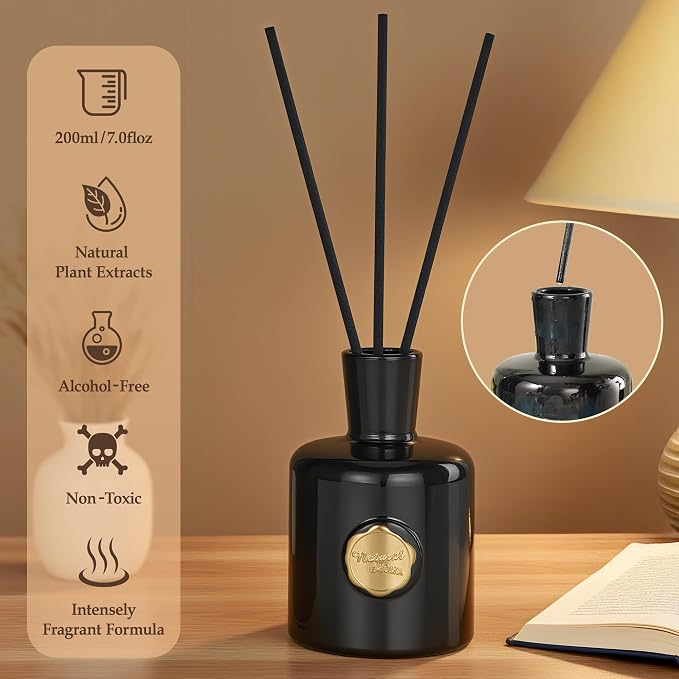 XEPTLE Amber Reed Diffuser for Home, Air Freshener, Woody Scent Diffuser with 5 Reeds for Bedroom Living Room Bathroom Décor, Orange Plum Rose with Honey Amber Vanilla & Sandalwood, 7.04oz, Black