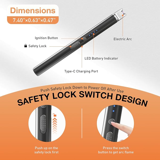 3 Pack Electric Candle Lighter Long Stem,Rechargeable Plasma Arc | USB-C Charging,Flameless Windproof with Safety Lock for Candles, Gas Stoves,Firestarter, Gift Set (Black, Rose Gold, Chrome)