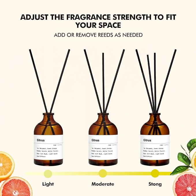 Reed Diffuser Set, Citrus Scent, 3.4 fl oz, Home Fragrance Reed Diffuser for Bathroom & Bedroom Decor