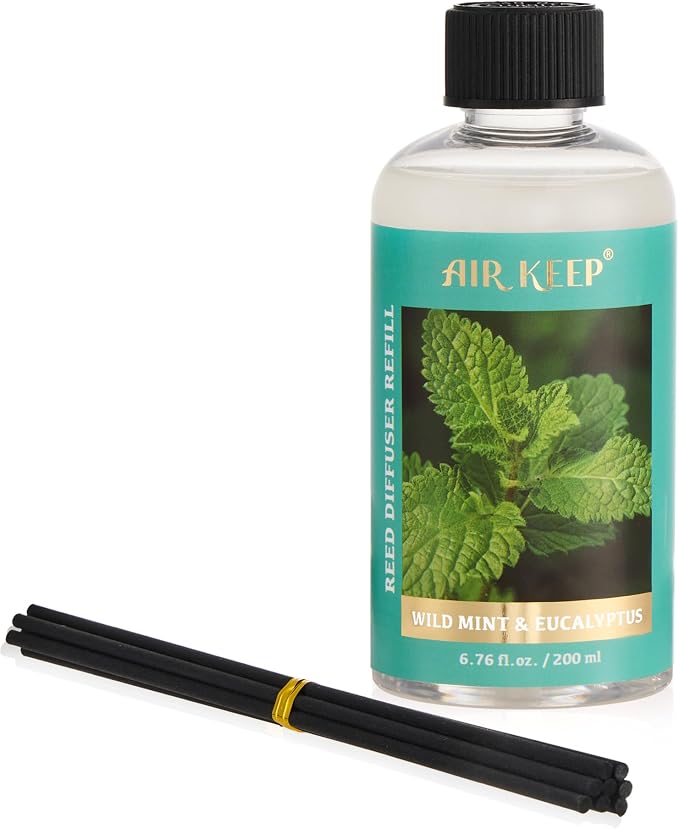 Airkeep Reed Diffuser Oil Refill with Diffuser Sticks, 6.76 Fl Oz(200ml) Wild Mint&Eucalyptus Scented Oils, Aroma Therapy, Home Fragrance & Air Freshener, Office Décor, Decoration