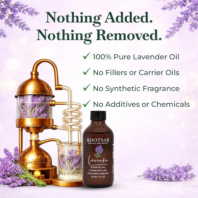 Lavender Essential Oil – 100% Pure Organic Lavender Oil, Steam Distilled, 4 FL OZ / 118 ML – Premium Essential Oil for Diffuser, Aromatherapy, Massage, Skin Care, Candle & Soap Making