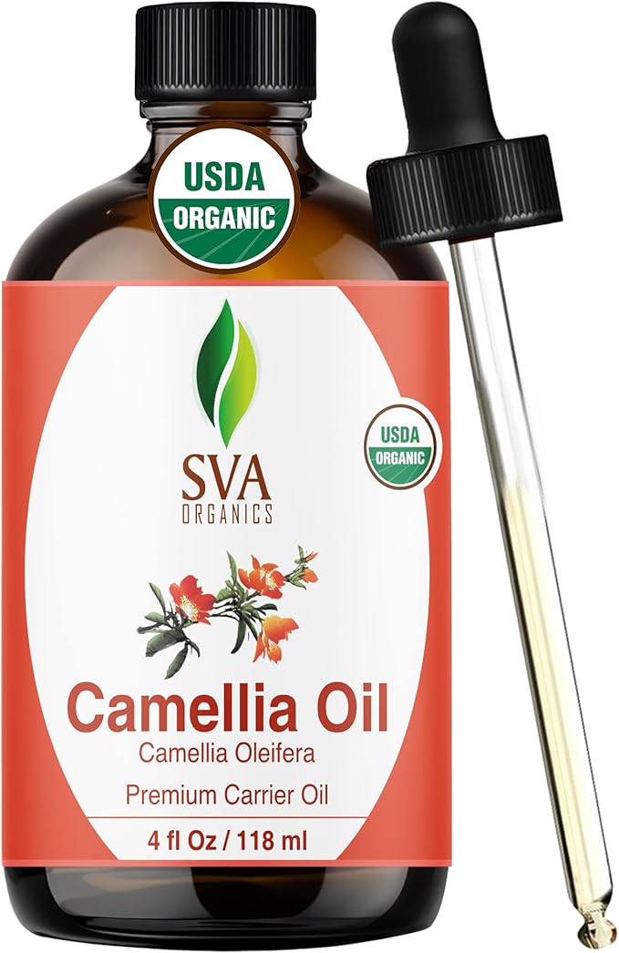 SVA Camellia Seed Oil Organic - 4 Fl Oz – 100% Natural Cold Pressed Organic Camellia Oil - for Face, Skin Care, Hair Care, Scalp Massage & Body Massage – Carrier Oil with Dropper
