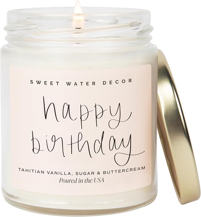 Sweet Water Decor Happy Birthday Soy Candle - Vanilla Sugar & Buttercream Sweet Scented Happy Birthday Candle Gift for Mom, Friends & Girls - 40 Hour Burn Time - 9oz - Non Toxic