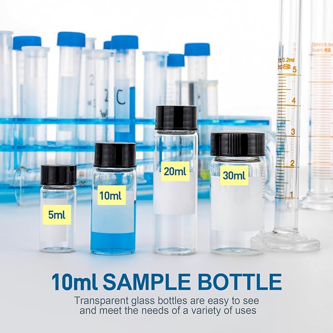 Kesell 50-Pack 10ml (0.338oz, 2.7dram) Glass Vials - Clear Borosilicate Glass Bottles with Labels for Essential Oil, Samples - Small Bottle for Oil