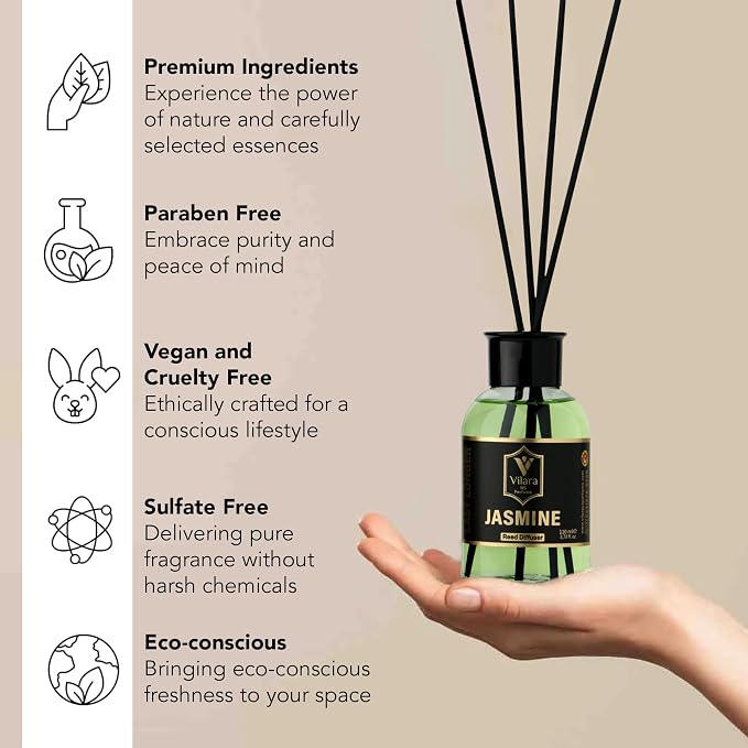Jasmine Reed Diffuser Set - Luxury Reed Diffusers for Home, Bathroom, Bedroom, Powder Room - Long-Lasting, Natural Flower Scent Sticks - Decorative Home Fragrance Bottle - 3.72 fl oz
