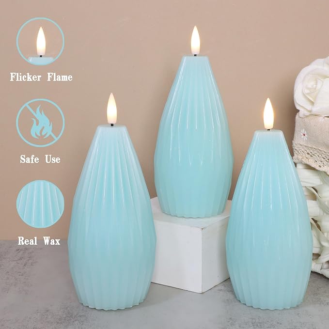 Blue Ribbed Flameless Candles with Remote Flickering Realistic Battery Powered LED Real Wax Decorative Candle Geometric Aesthetic Modern Ocean Decor for Home Table Fireplace, 3 Pack