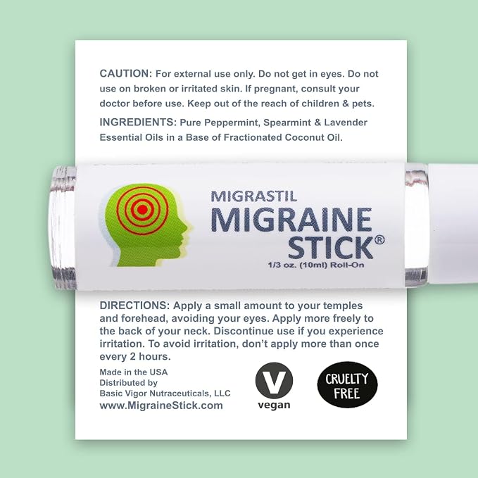 Basic Vigor Migrastil Migraine Stick Rollon - Fast Cooling Comfort for Your Head. Aromatherapy with Peppermint & Other Essential Oils. Metal Roller. Made in USA
