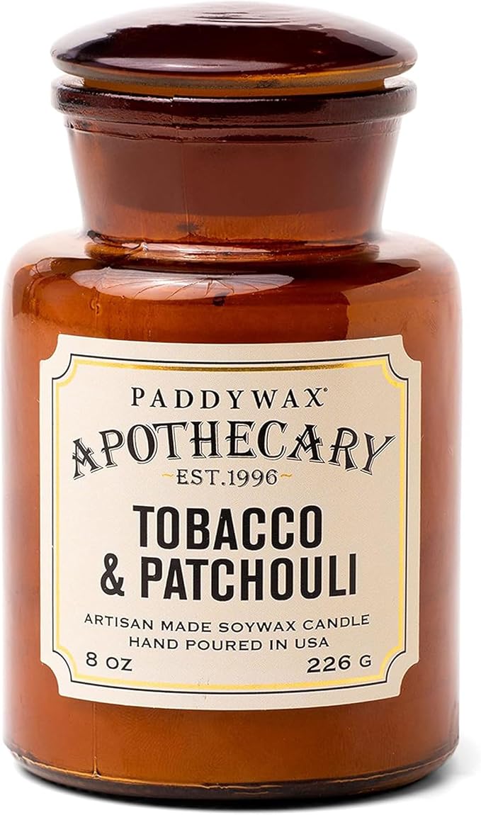Paddywax Artisan Apothecary Scented Candle with Lid in Reusable Glass Jar, Clean-Burn Soy Candle with Approx. 54 Hour Burn Time, Tobacco & Patchouli, 8 oz.