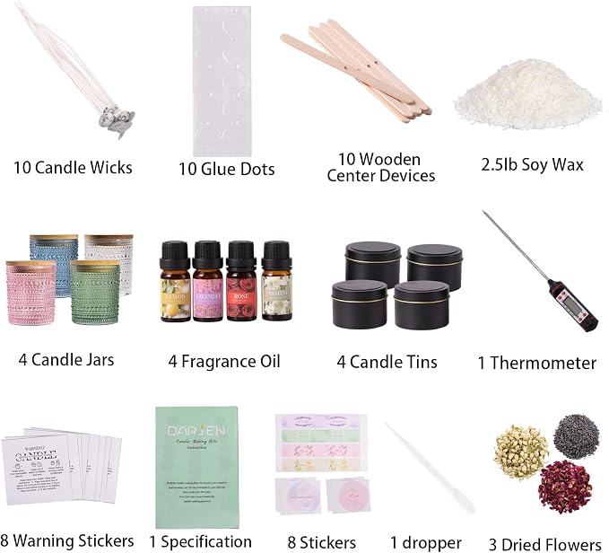 DARJEN Candle Making Kits for Adults - Candle Making Supplies with 4 Candle Jars(Clear, Pink, Blue, Green), Candle Tins, Soy Wax, Scents, Dried Flower & More, DIY Starter Candle Making Kit Home Decor