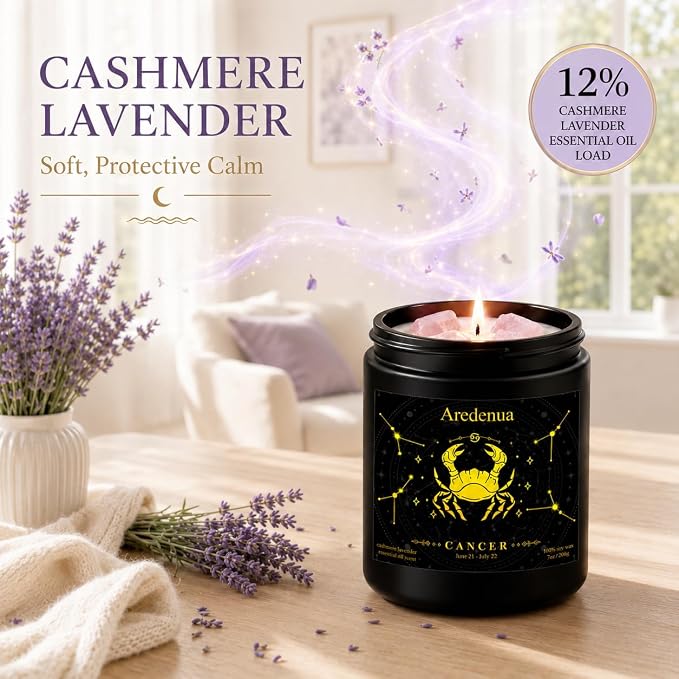 Cancer Birthday Gifts Candle | Zodiac Crystal Candles with Pink Opal Healing Crystals - Cashmere Lavender Scented Soy Candle, 7oz 50H Burn, Unique Spiritual Astrology Gifts for Women Men