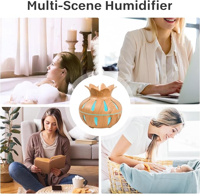 330ml Essential Oil Diffuser, Small Humidifier for Bedroom with USB Charging, LED Lights, 2 Filter Sticks, Portable Wood Grain Quiet Aromatherapy Mist Diffusers, Home Decor, Gifts