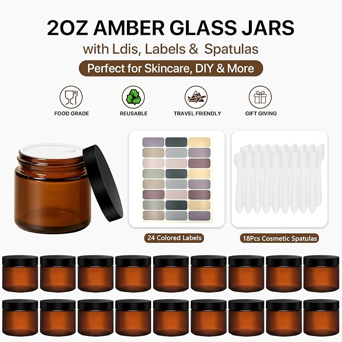 2OZ Amber Jars with Lids, 18 PCS Amber Small Glass Jars with Black Lids – Complete DIY Kit with 18 Spatulas & 24 Colorful Labels – Perfect for Homemade Creams, Lotions, Candles, Travel & Gift Sets