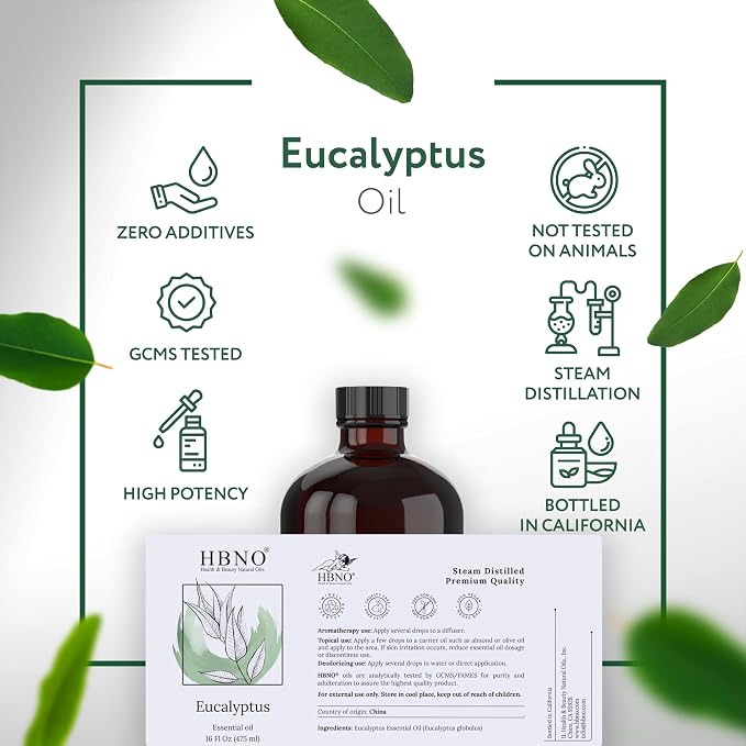 HBNO Eucalyptus Oil - 16 oz (475ml) Large Size - Ideal for Shampoos, Conditioners, Mouth Washes, Face wash, Lotions, and Skin Care Products.