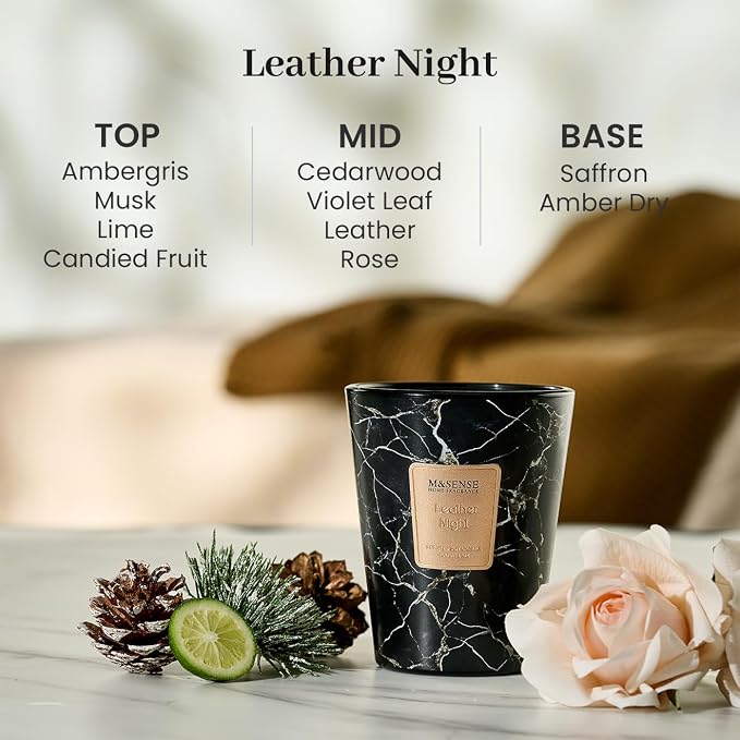 M&SENSE Leather Night Scented Soy Candle, 3 Wick Highly Scented 14.1 Oz 75H, Aromatherapy Christmas Gift for Women and Men