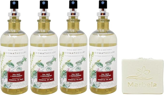 Bath & Body Works Aromatherapy Tea Tree + Peppermint - 4 Pack - Essential Oil Pillow Mist with a Natural Oats Sample Soap., 4.24 Fl Oz (Pack of 5), Multicolor