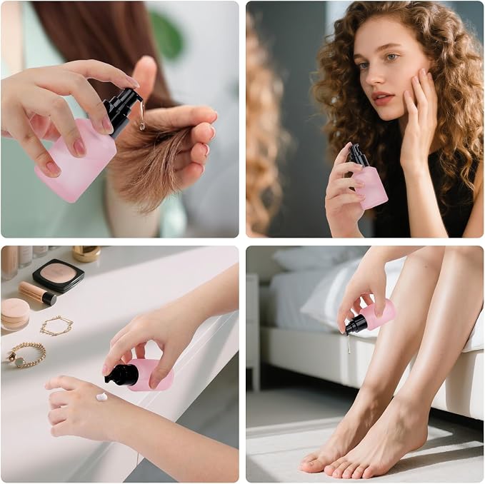 Segbeauty 2oz Frosted Glass Refillable Pump Bottles for Toiletries, 5pcs Travel Size Empty Bottles with Pumps for Cosmetics, 60ml Pink Travel Containers for Oils Bottle Dispenser Liquid Containers