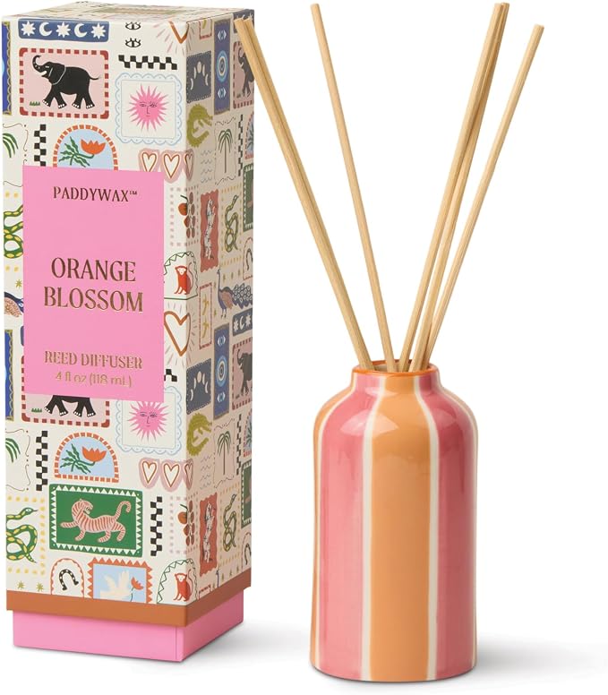Paddywax A Dopo Reed Diffuser with Wooden Reeds, Long Lasting Home Fragrance Oil, Hand Painted Ceramic Vessel, Decorative Scent for Home, Giftable Box, 4 fl oz, Orange Blosom