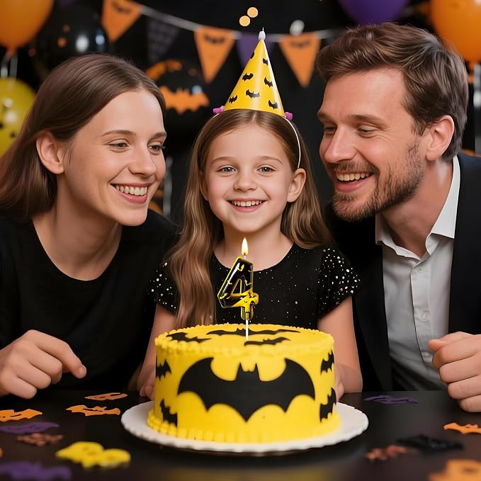 Black Yellow Number 4 Birthday Candle for Cake – Dark Night Hero Style with Bat & City Silhouette Design – Unique Cake Topper for Birthday, Anniversary, Themed Party Decoration