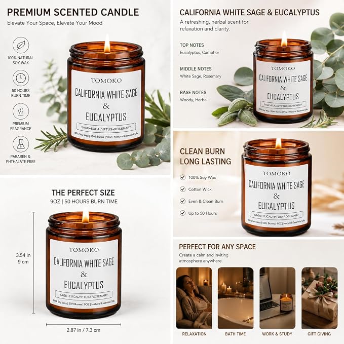 TOMOKO California White Sage & Eucalyptus Scented Candle, 100% Soy Wax, Natural Essential Oils, Amber Jar, 9 oz, 50-Hour Burn