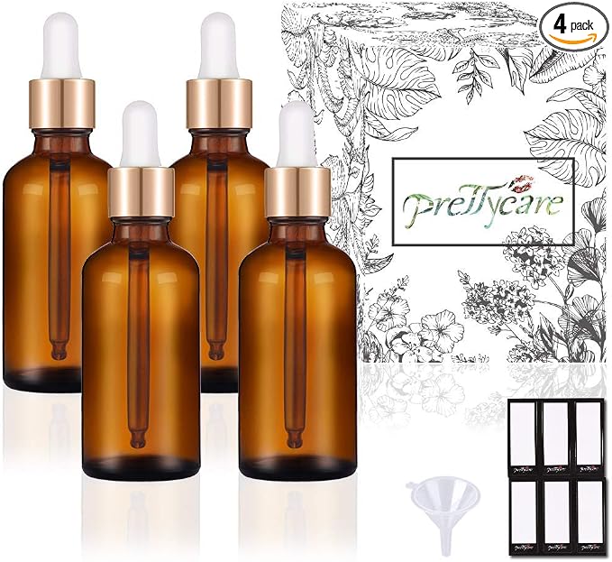 PrettyCare 4 Pack 1oz Dropper Bottle for Essential Oils, 30 ml Amber Glass Essential Oils Bottles with Labels, Funnels- Empty Leak Proof Tincture Bottles for Comestic & Beauty