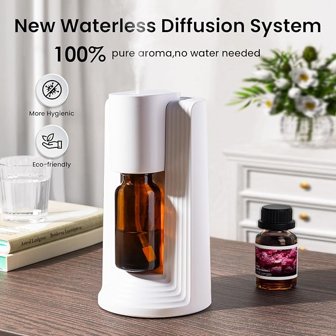Waterless Essential Oil Diffuser, Portable Aromatherapy Diffuser, Fit for 10-20mL Essential Oil Bottles, 3 Timer & 3 Mist Level, Rechargeable Mini Scent Diffuser for Home, Room, Car and Office (White)