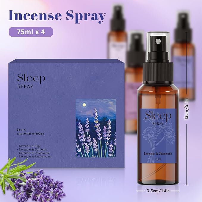 STRN Sleep Spray, Lavender Essential Oil Mist, Sleep Spray for Pillows, 4 Lavender Scented - Gardenia, Chamomile, Sandalwood, Sage, Sweet Dream Fragrance, 75 ML x 4 Packs