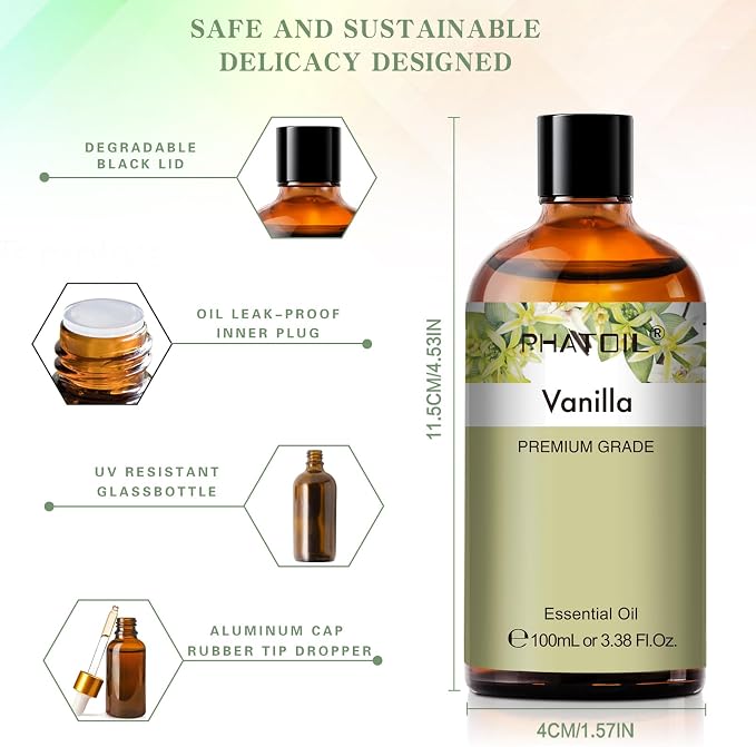 PHATOIL 100ML Vanilla Essential Oil, Huge 3.38fl.oz Bottle Vanilla Oil, Pure Aromatherapy Essential Oils for Diffuser, Humidifier, Scented Oils for Soap, Candle Making