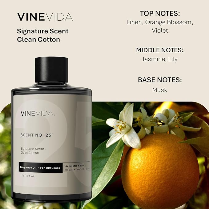 VINEVIDA [16 Fl Oz] Clean Cotton Fragrance Oil for Cold Air Diffusers, Essential Oils for Diffuser Oil Refill & Air Freshener Room Spray