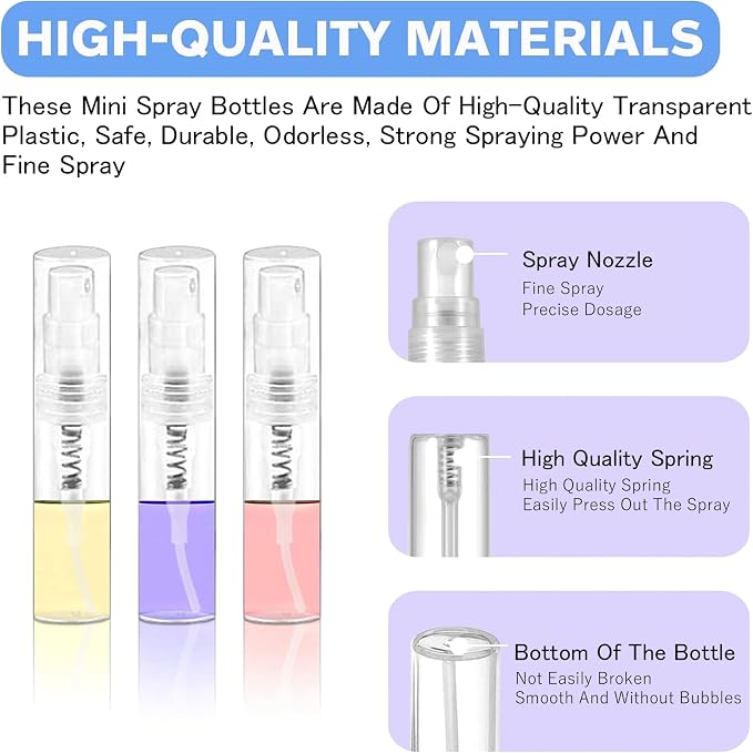 Mini Spray Bottle, Clear Plastic Empty Sample Containers, Fine Mist Perfume Travel Refillable Spray Bottle Perfume Atomizer Small Portable Bottle for Cleaning, Travel, Essential Oils (60, 2ml)