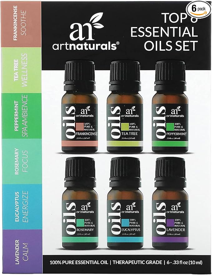 ArtNaturals Top 6 Essential Oils Set - 100% Pure Aromatherapy Oils Gift Set with Lavender, Peppermint, Tea Tree, Eucalyptus, Rosemary & Frankincense, 6 x 10 ml