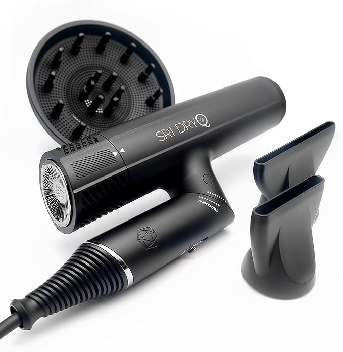SRILabs DryQ ‘Smart’ Hair Dryer – Super Lightweight, Foldable – Powerful, Quiet Motor – Infrared & Ionic Technology – 3 Magnetic Attachments – Heat Control with Locking Switch