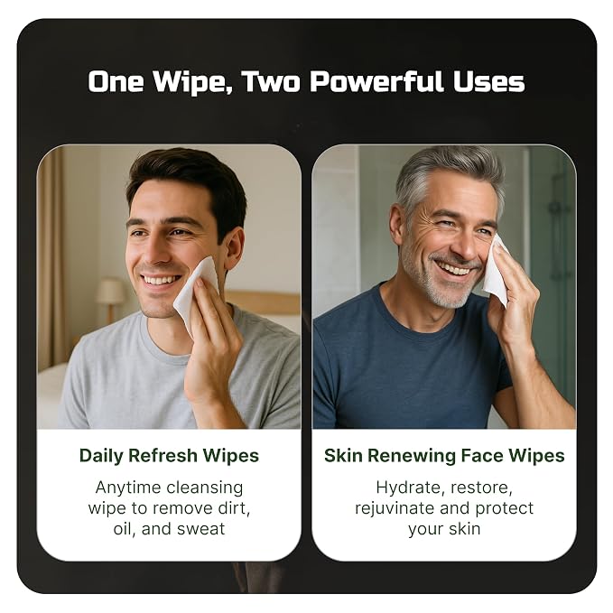 Face Wipes for Mens 5-in-1 Anti-Aging Facial Cleansing Sweat Wipes for Skin Care with Collagen, Witch Hazel, Tea Tree Oil, Hyaluronic Acid, Niacinamide for Oily or Acne-Prone Skin Woodsy Scent