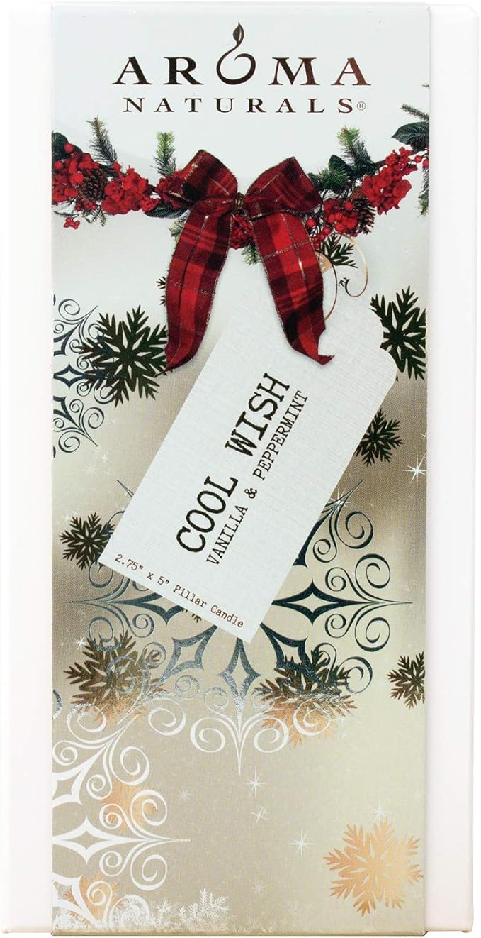 Aroma Naturals Holiday Essential Oil Vanilla & Peppermint Scented Pillar Candle, Cool Wish, 2.75 inch x 5 inch