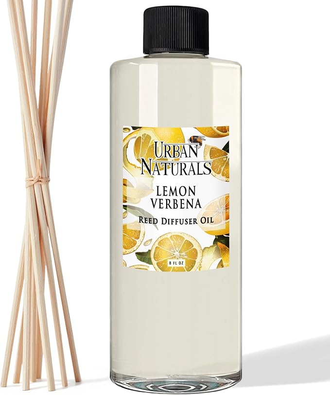 Urban Naturals Reed Diffuser Oil Refill Lemon Verbena with Lemon Zest, Bergamot, Vetiver, Cedarwood 8 oz + Free Reed Sticks, Made in the USA