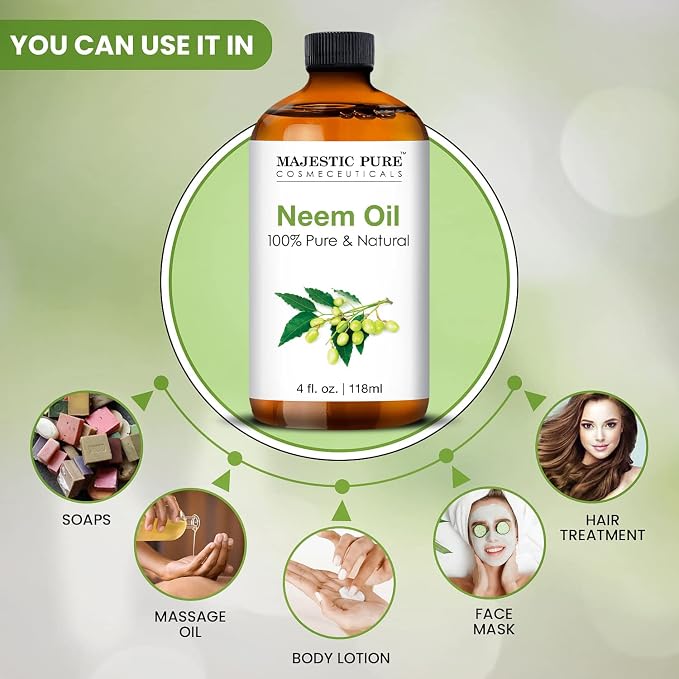 Majestic Pure Essential Oil with Glass Dropper - 100% Pure and Natural - Essential Oils for Diffuser, Aromatherapy, Soap and Candle Making, Neem Essential Oil, Neem Oil, 4 Fl Oz