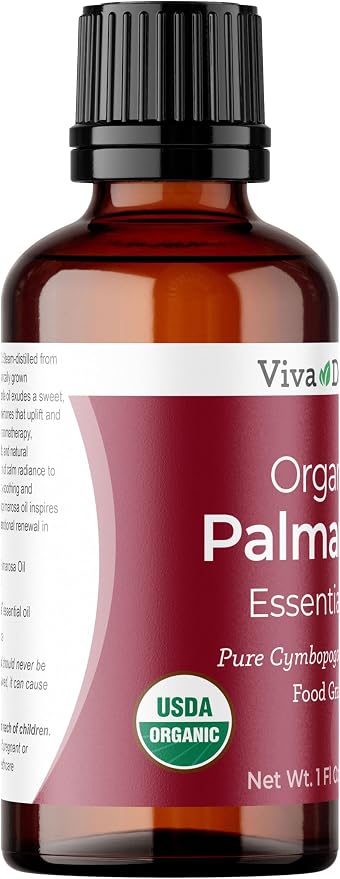 Viva Doria Palmarosa Essential Oil, USDA Certified Organic Palmarosa Oil, 100% Pure, Natural Essential Oil, Undiluted, for Aromatherapy | Food Grade, 30 mL (1 Fluid Ounce)
