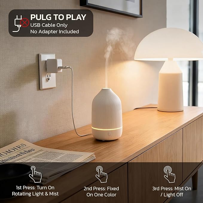 Essential Oil Diffuser, 100ml Aromatherapy Diffuser, Mini Ultrasonic Diffuser for Essential Oil, Home, Office, Cool Mist Humidifier with 7 Led Light, Auto Shut-Off, White