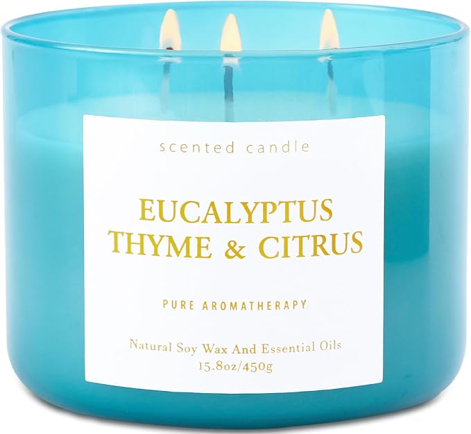 Eucalyptus Thyme Citrus Candle | 3-Wick Large Scented Soy Candle 15.8 oz | Aromatherapy Stress Relief Candles | Relaxing Herbal Spa Scent | Long Lasting Clean Burn