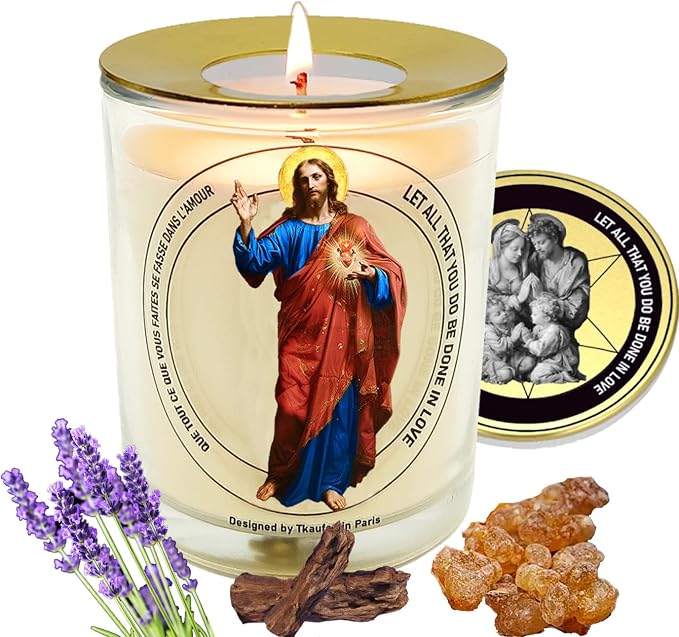Sacred Heart Jesus Frankincense Lavender Scented Candle 50 Hours with Warmer Ring│Hand-Poured Soy Wax│Family Protection, Success, Redemption, Healing, Forgiveness│Design in Paris│3“×3.6”