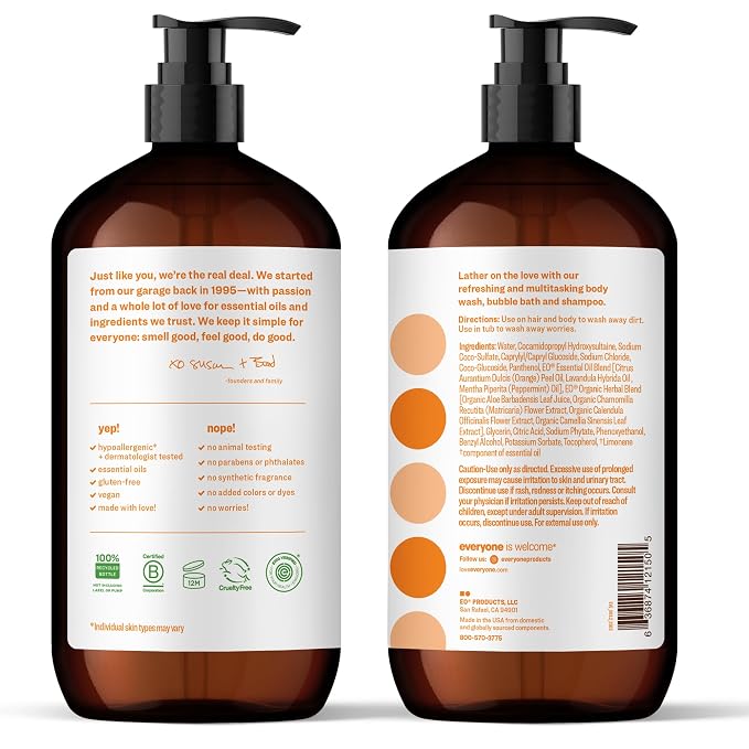 Everyone 3-in-1 Soap, Body Wash, Bubble Bath, Shampoo, 32 Ounce (Pack of 2), Citrus and Mint, made with Essential Oils for Men and Women