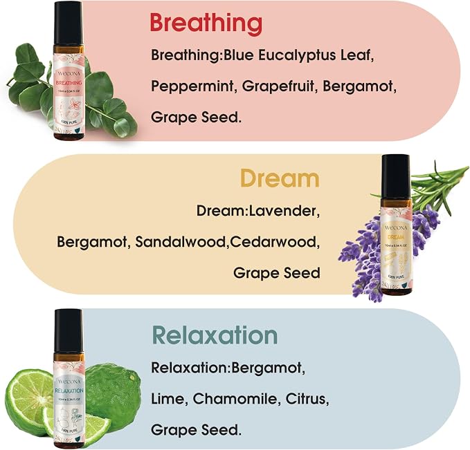 Wecona Aromatherapy Essential Oil Roll-On Set – 6x10ml Essential Oil Blends with Roller Bottles, Portable Essential Oils for Diffusers for Home,Relaxing Gift for Women & Men