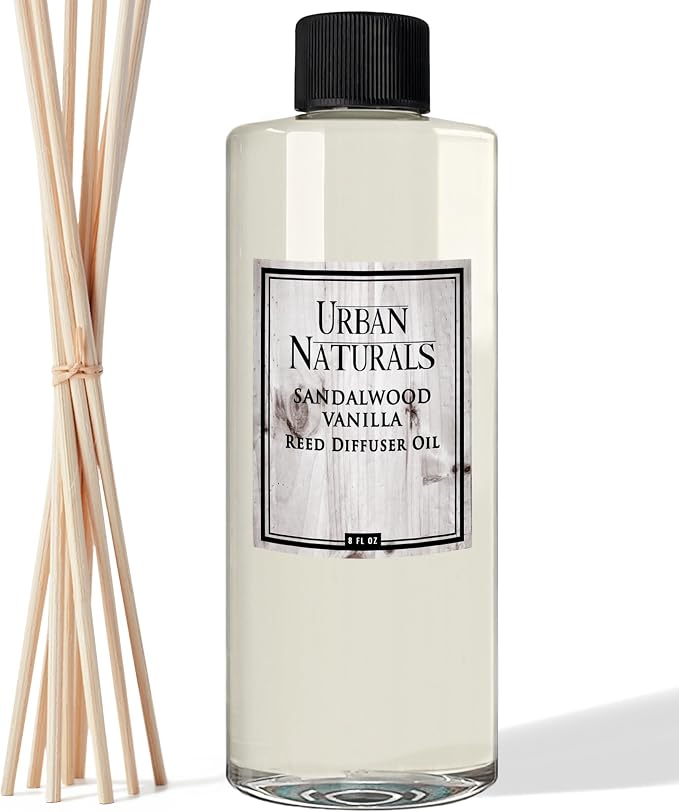 Urban Naturals Reed Diffuser Oil Refill Sandalwood Vanilla with Tahitian Vanilla, Bourbon Notes 8 oz + Free Reed Sticks, Made in the USA